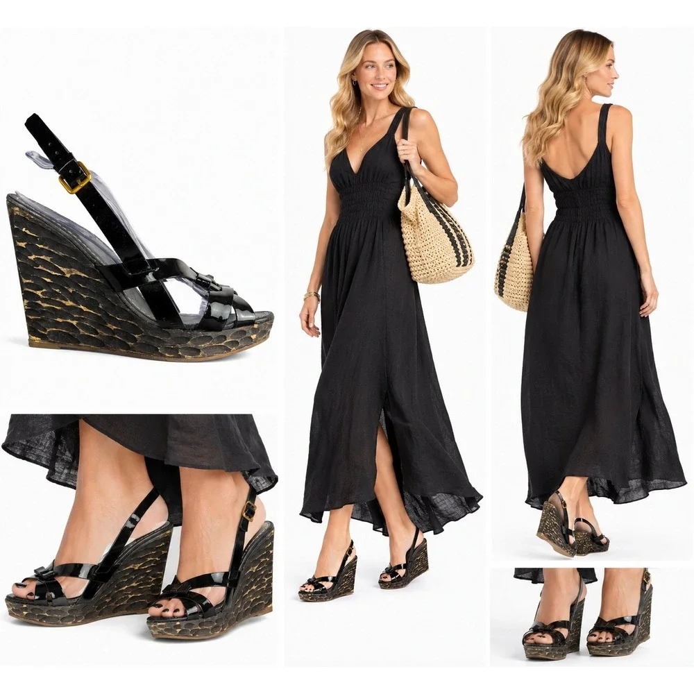 Miu Miu Sandals 10.5 IT 40.5 Boho Chic Patent Leather Carved Wood Wedge Platform